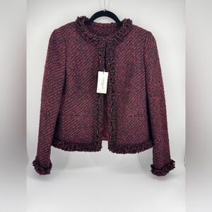 LK Bennet Red and Black Boucle Tweed Jacket with Fringe Trim Size 8